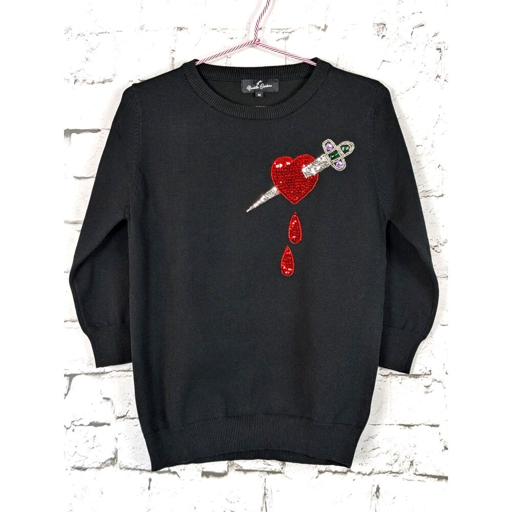 NICOLETTA CARLONE Bleeding Hearts Sequined Sweater Pin Up Retro Medium
